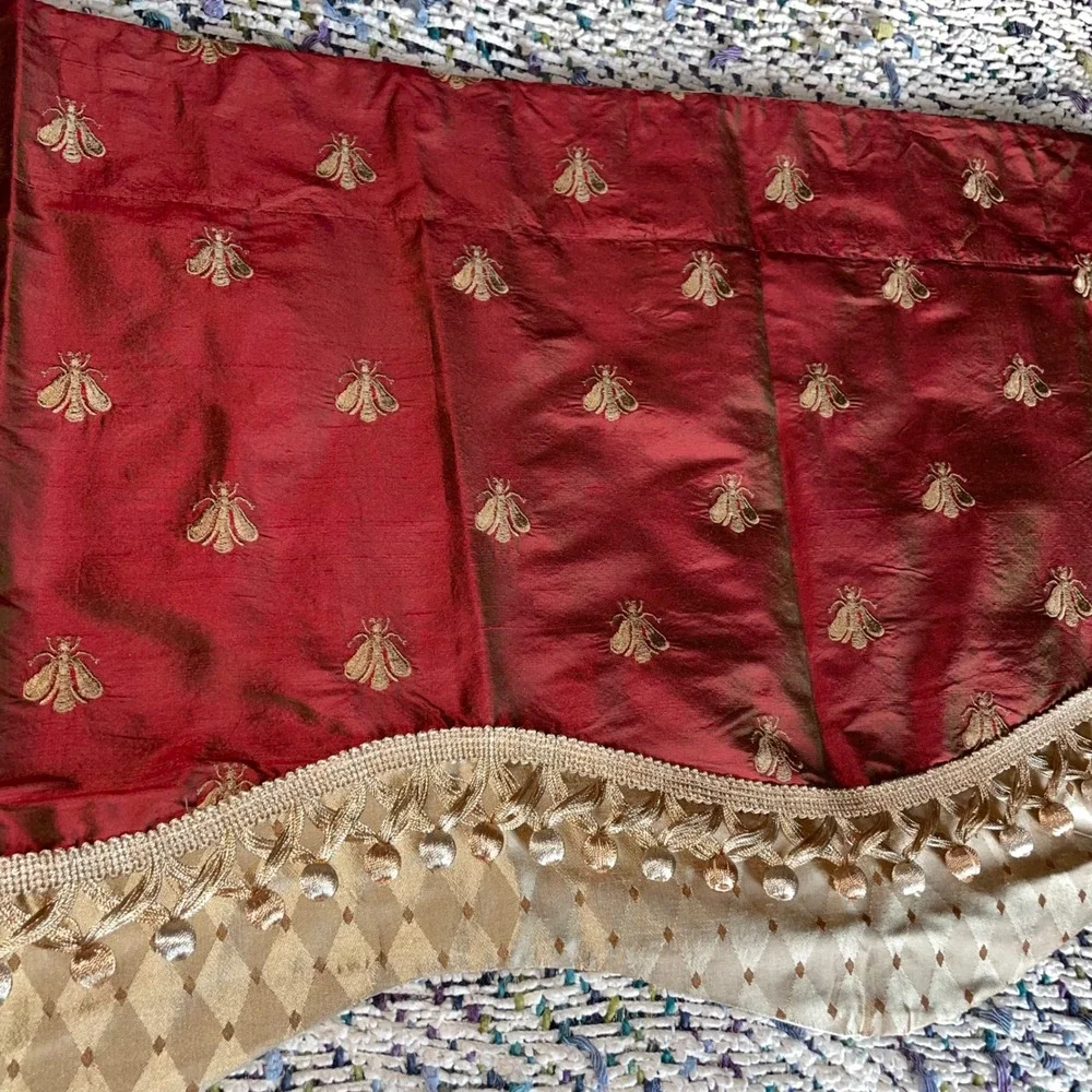 Bumblebee Glory Valance silk window treatment embroidered gold bumblebees red